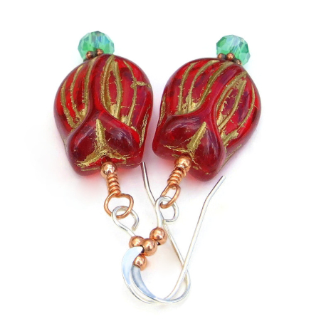 red flowers tulips jewelry handmade czech glass green