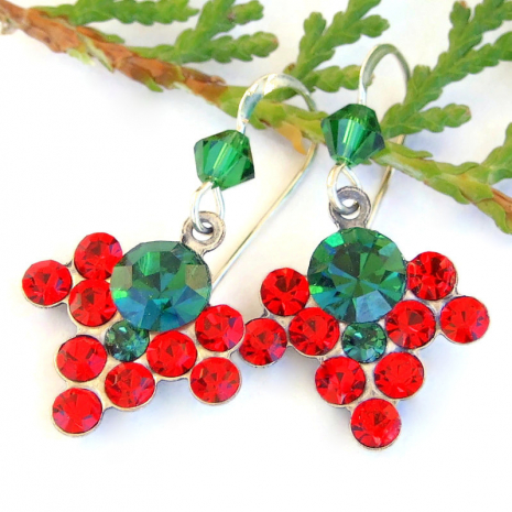 red green vintage crystal christmas earrings handmade holidays