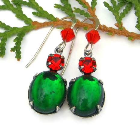 vintage green red crystal earrings handmade christmas jewelry