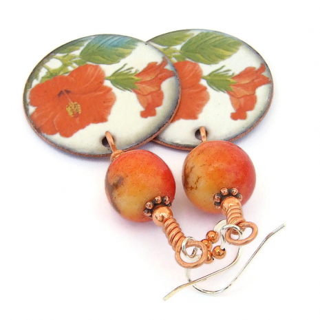 red hibiscus flower apple limestone coral jewelry handmade