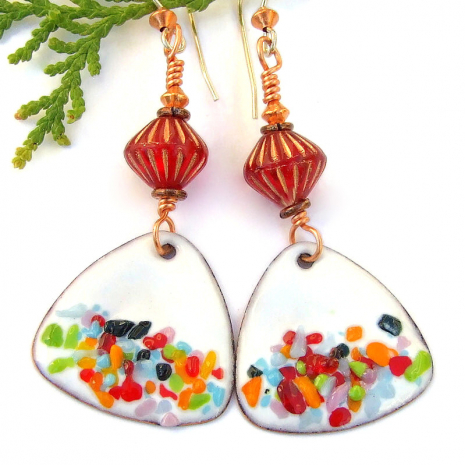 red orange green blue on white enamel confetti boho jewelry handmade earrings