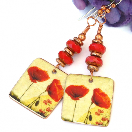 red poppies poppy dangle earrings vintage look copper jewelry