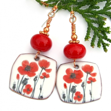 red poppy enamel earrings red lampwork handmade