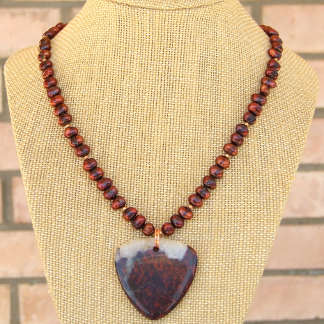 red poppy jasper pendant necklace pearls handmade gift for women