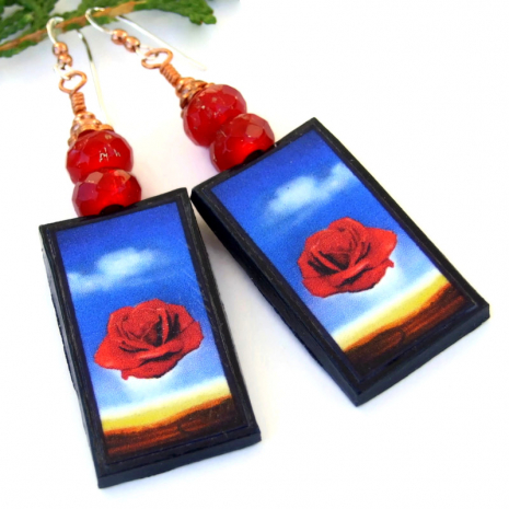 red rose flower art earrings salvador dali