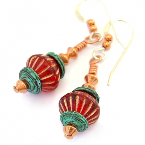 red ruby turquoise czech glass earrings gift for her