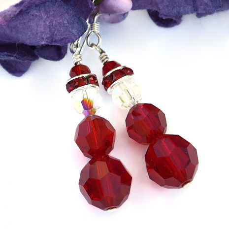 red swarovski crystal Santa earrings handmade Christmas jewelry gift