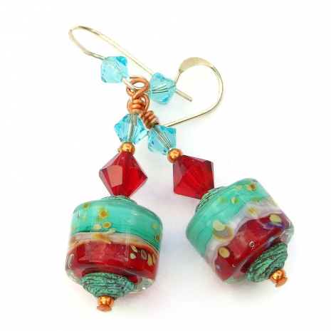 red turquoise lampwork earrings handmade gift for women