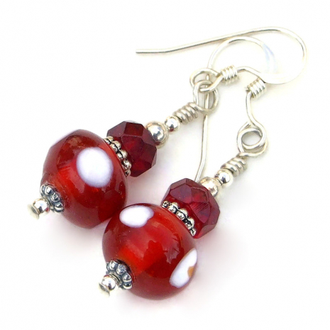 red white spotted lampwork glass handmade earrings gift for her