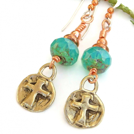 religious cross earrings bronze aqua opal handmade