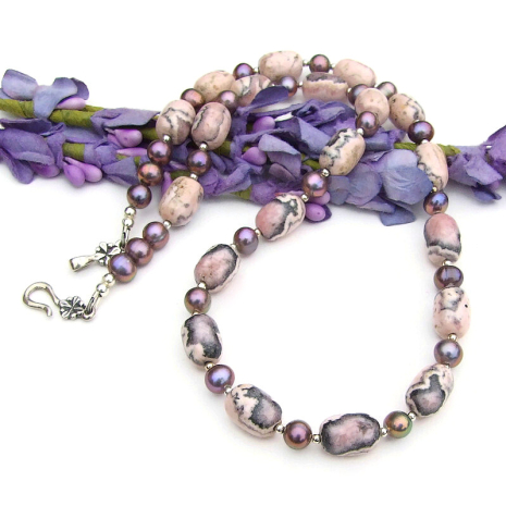 rhodochrosite pearls handmade necklace pink gray sterling silver