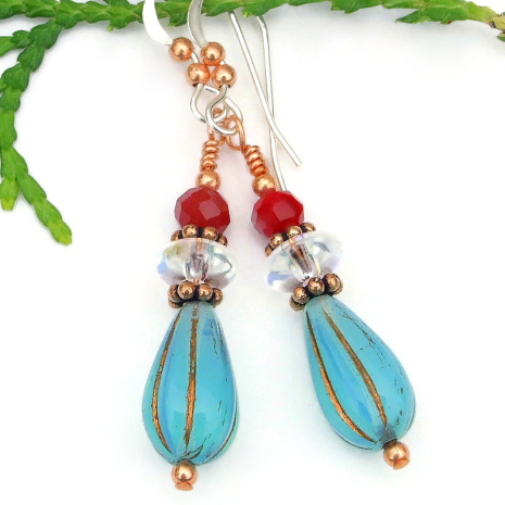 ridged teardrop handmade jewelry aqua opaline blue clear red glass