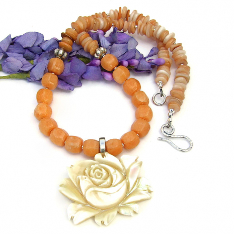 rose flower mother of pearl handmade necklace peach calcite mussel shell