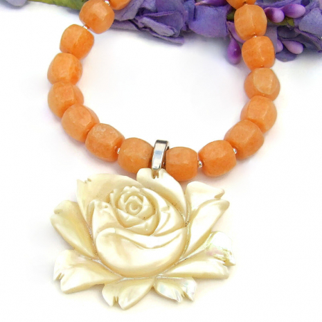 rose mother of pearl vintage pendant necklace handmade gemstones shell