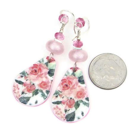 roses flowers handmade earrings pink lampwork lightweight Valentines Day gift