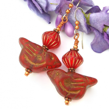 ruby red and copper glass bird  earrings