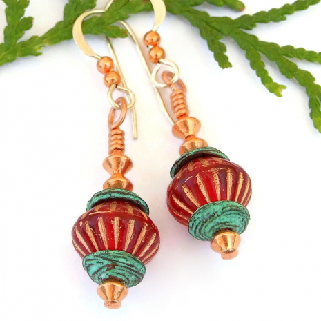 ruby red bicone earrings copper Mykonos turquoise handmade jewelry