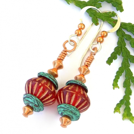 ruby red bicone jewelry copper Mykonos turquoise handmade earrings