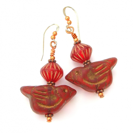 ruby red bird earrings gift for women