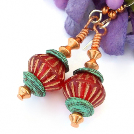 ruby red copper handmade earrings Mykonos turquoise bead caps