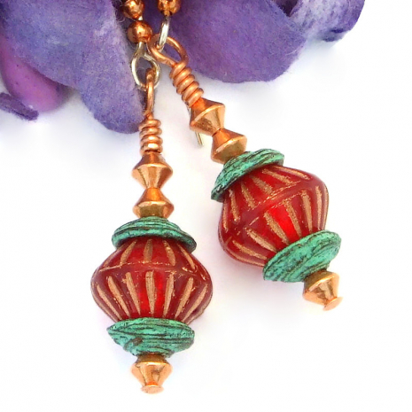 ruby red copper handmade jewelry Mykonos turquoise bead caps