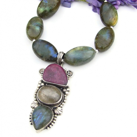 ruby rutilated quartz labradorite jewelry handmade gemstone chunky necklace