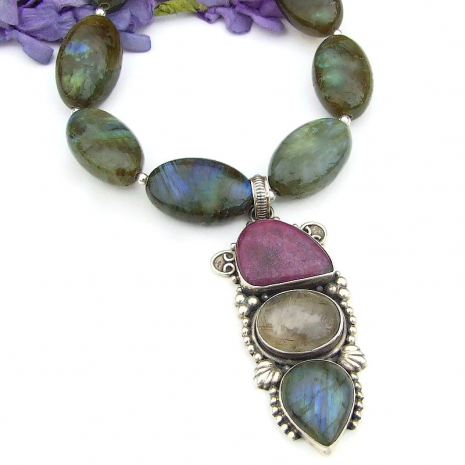 ruby rutilated quartz labradorite necklace handmade gemstone chunky jewelry