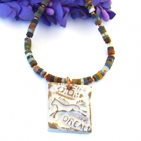 running horse dream pendant necklace mixed gemstone heishe