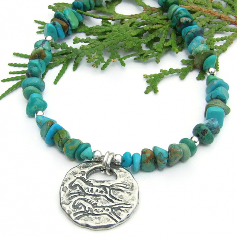 running horses spiral sun necklace handmade turquoise southwest petroglyphs