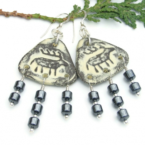 rustic ancient petroglyph earrings ceramic deer elk reindeer hematite gemstones