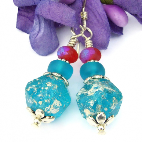 rustic aqua glass nugget earrings red silver handmade jewelry