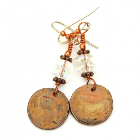 rustic back side of pure copper elephant charm earrings