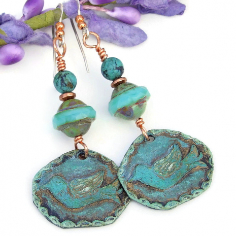 rustic bird earrings hand painted aqua blue glass turquoise