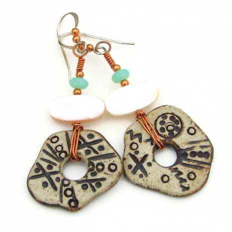 rustic boho disc earrings petroglyph handmade gift for women