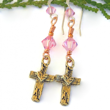 rustic bronze cross hearts jewelry pink swarovski crystals handmade