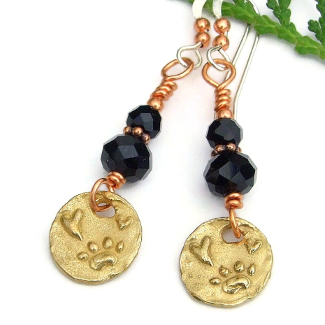 rustic bronze dog lover paw prints hearts earrings faceted black onyx handmade