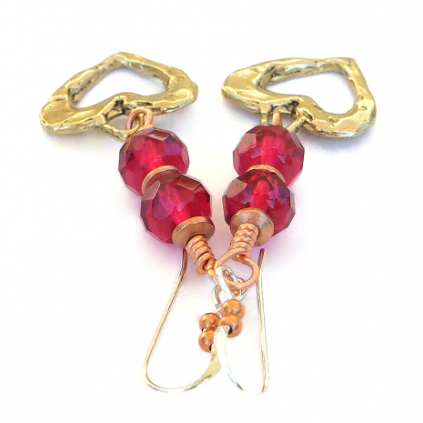 rustic bronze heart valentines jewelry handmade raspberry red glass
