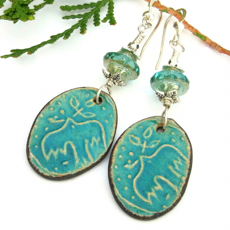 rustic ceramic doves of peace birds earrings handmade boho turquoise black