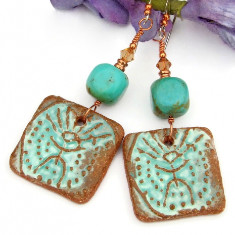 rustic ceramic shaman petroglyph earrings turquoise swarovski crystals