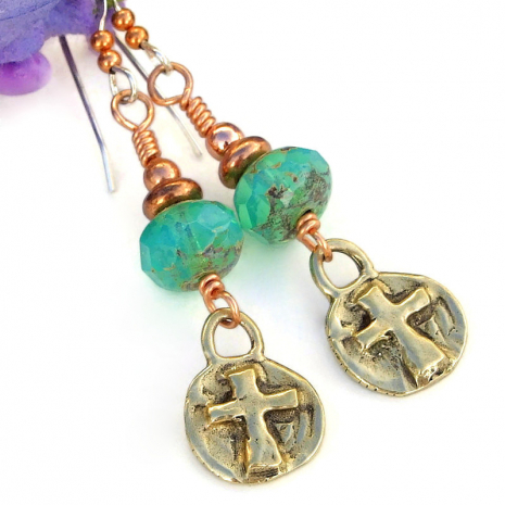 rustic cross earrings handmade bronze aqua opal Czech glass