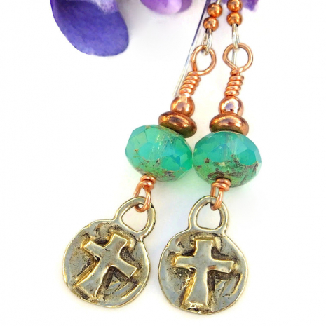 rustic cross jewelry handmade bronze aqua opal Czech glass