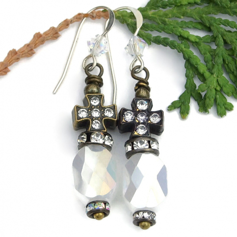 rustic crystal Italian cross jewelry white opal rhinestones