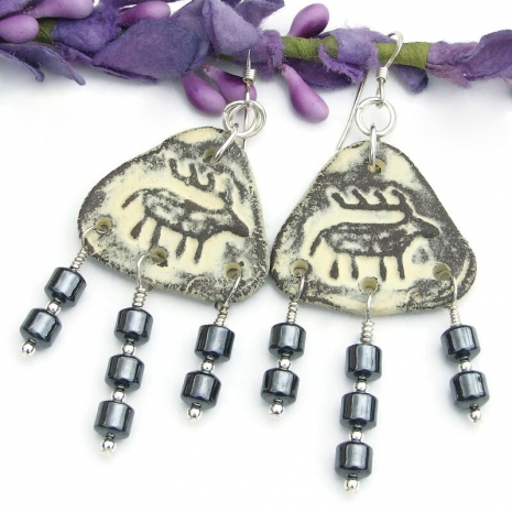 rustic deer elk petroglyph ceramic boho earrings handmade hematite dangles