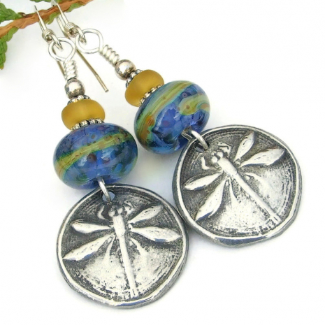 rustic dragonfly earrings artisan handmade pewter blue lampwork jewelry gift