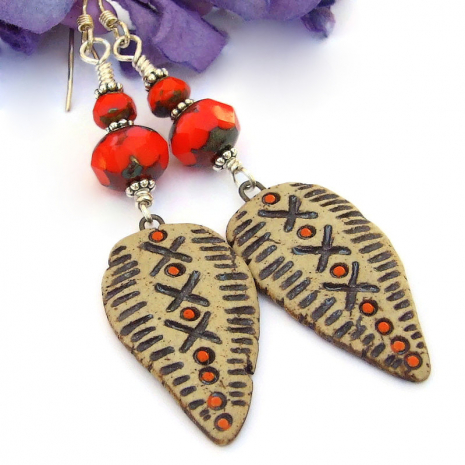 rustic earrings shield ceramic orange brown handmade