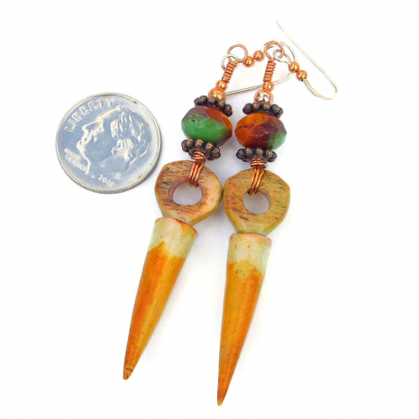 rustic faux wood handmade spike earrings polymer clay orange czech glass