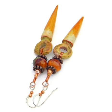rustic faux wood handmade spike jewelry polymer clay orange czech glass