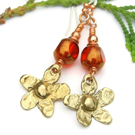 rustic flowers earrings gold bronze orange glass handmade floral gift