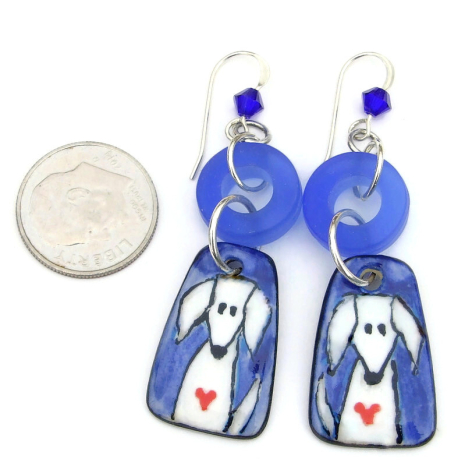 rustic hand painted dogs hearts earrings ceramic handmade white blue red