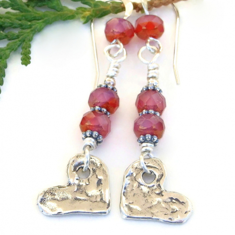 rustic heart earrings handmade sterling silver red pink Valentines jewelry gift